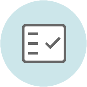 Checklist icon with three horizontal lines on the left and a checkmark on the right, displayed on a light blue circular background.