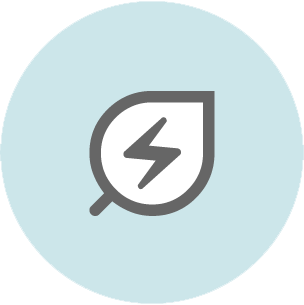 Lightning bolt inside a teardrop shape with a magnifying glass outline on light blue background