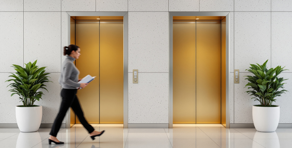 Two sets of brass-finished elevator doors in a building lobby, with a person walking past