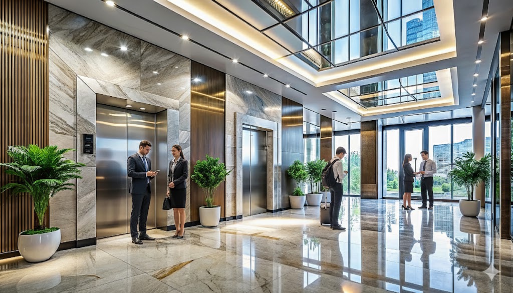 Hotel lobby with elevator doors